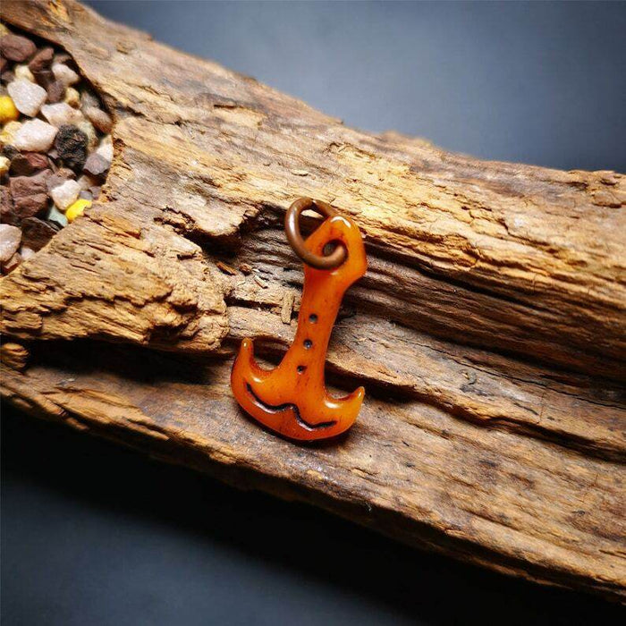 Yak Bone Carved Amulet,Anchor Pendant - Tibetan Buddhist amulet, detailed view