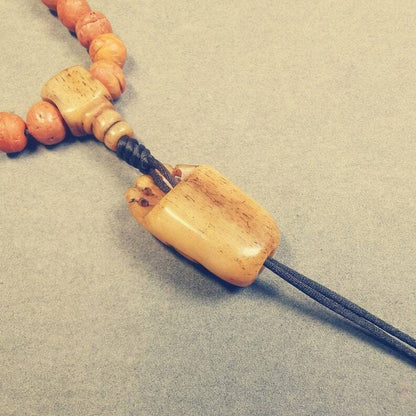 Yak Bone Carved Mahakala Amulet for Mala,Necklace Pendant,1.18" - Tibetan Buddhist mala beads, close-up detail