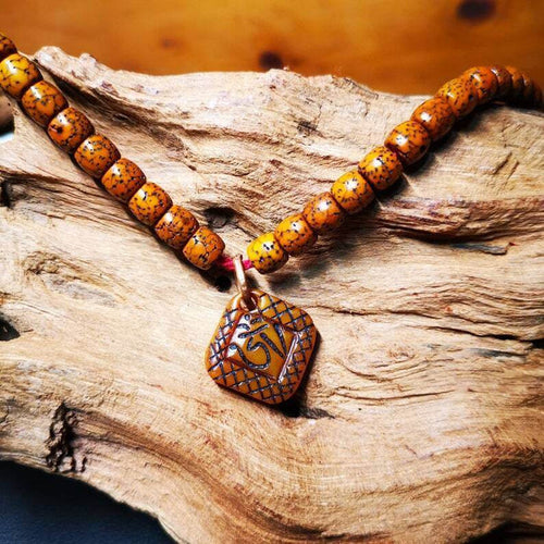 Yak Bone Carved OM Letter Prayer Bead Pendant,Bead Counter Clip Amulet for Mala - Tibetan Buddhist mala beads, front view