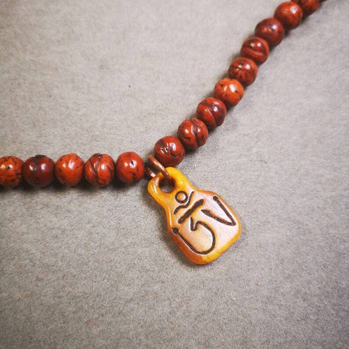 Yak Bone Carved Prayer Bead Pendant 0.98" - Tibetan Buddhist art, front view