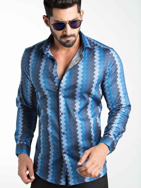 Yves Blue Printed Full Sleeve Single Cuff Slim Fit Party Wear Blended Shirt