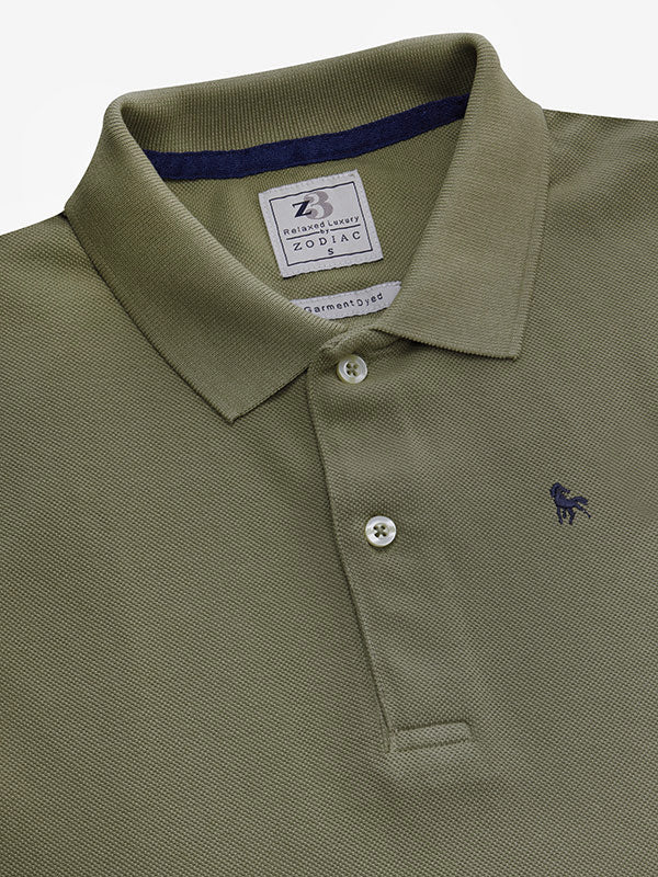 z3 Polo Garment Dyed Olive Solid Tailored Fit Casual Cotton T-Shirt